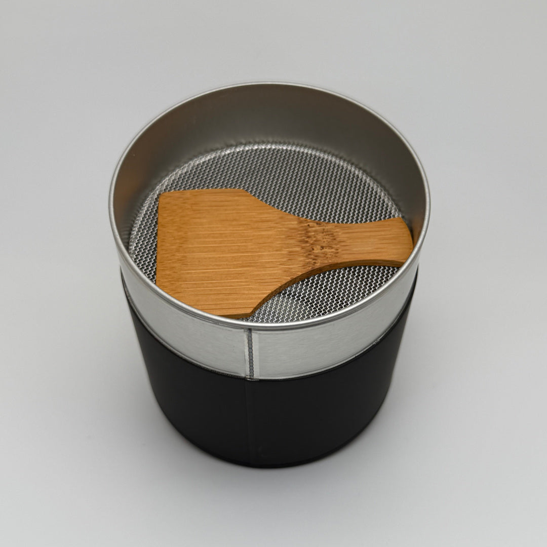 Black Tea Canister - Kotodo - 100 Gram Capacity. Built in Sifter. Open