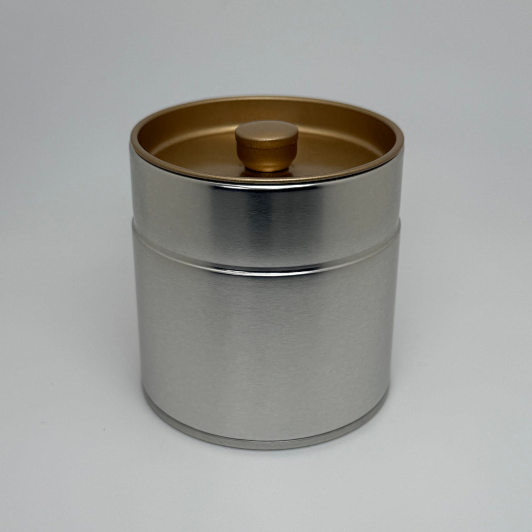 Silver Tea Canister - Kotodo - 100 Gram Capacity. Secondary lid exposed, also closed.