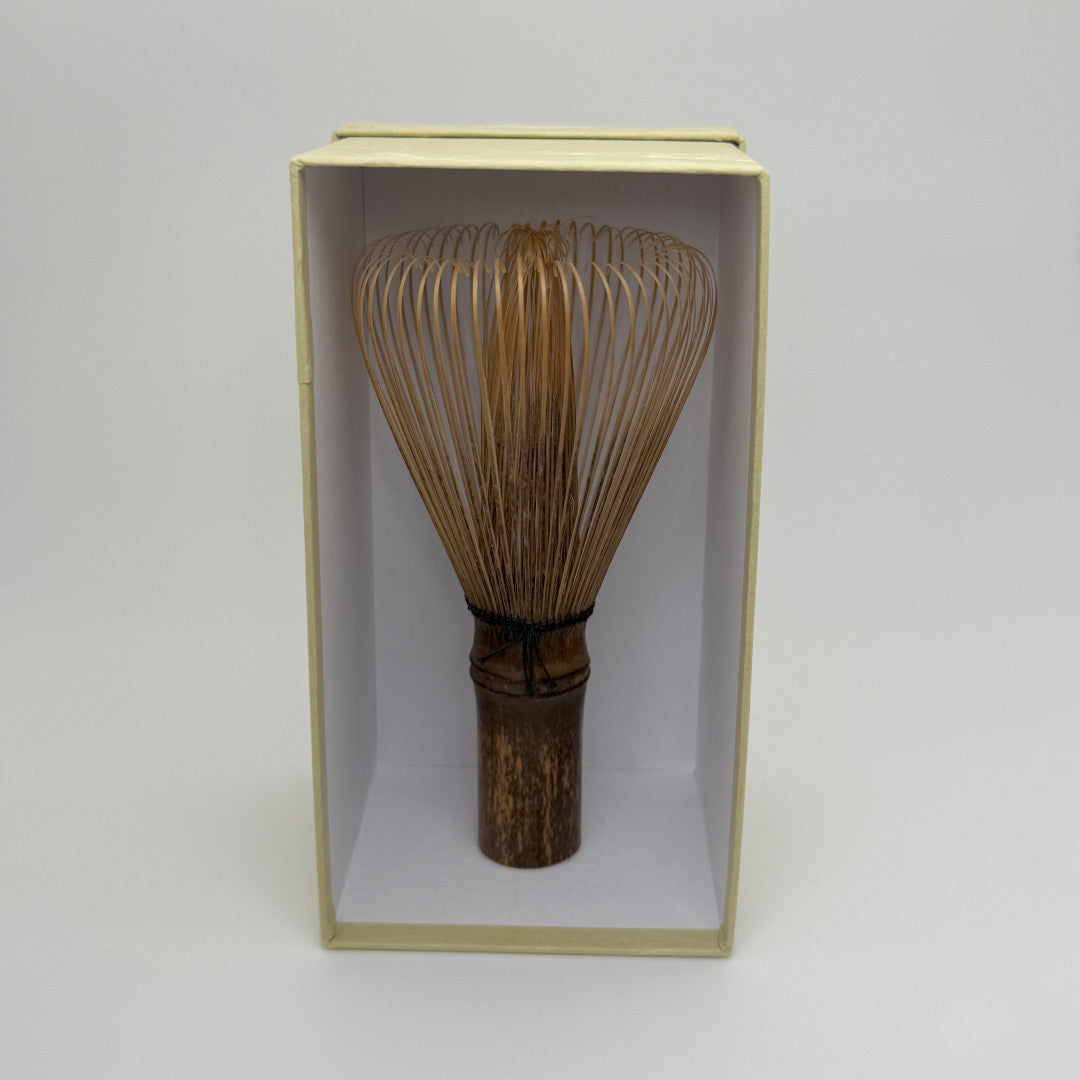 Black Takayama Chasen. Open box showing the Japanese made chasen.