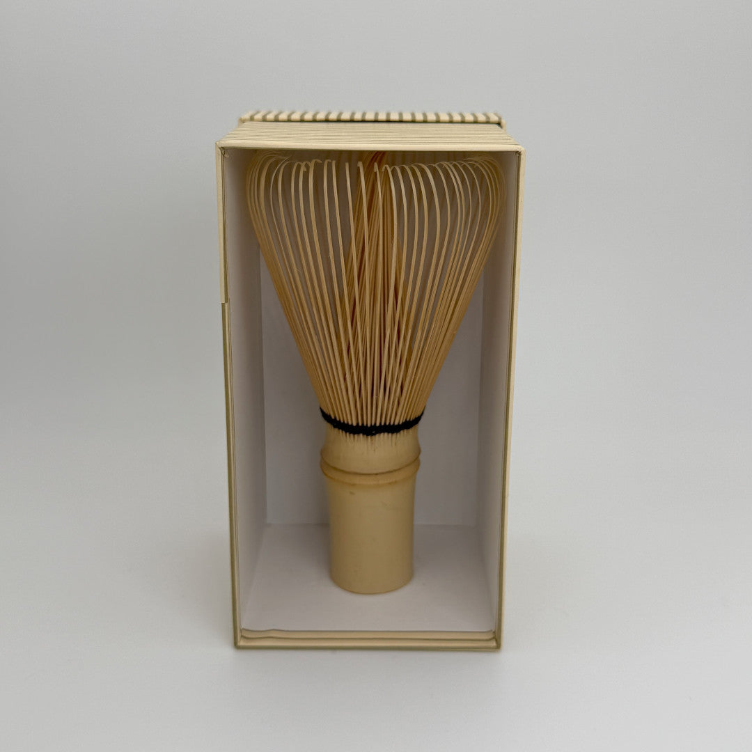 White Takayama Chasen. Open box showing the Japanese made chasen.