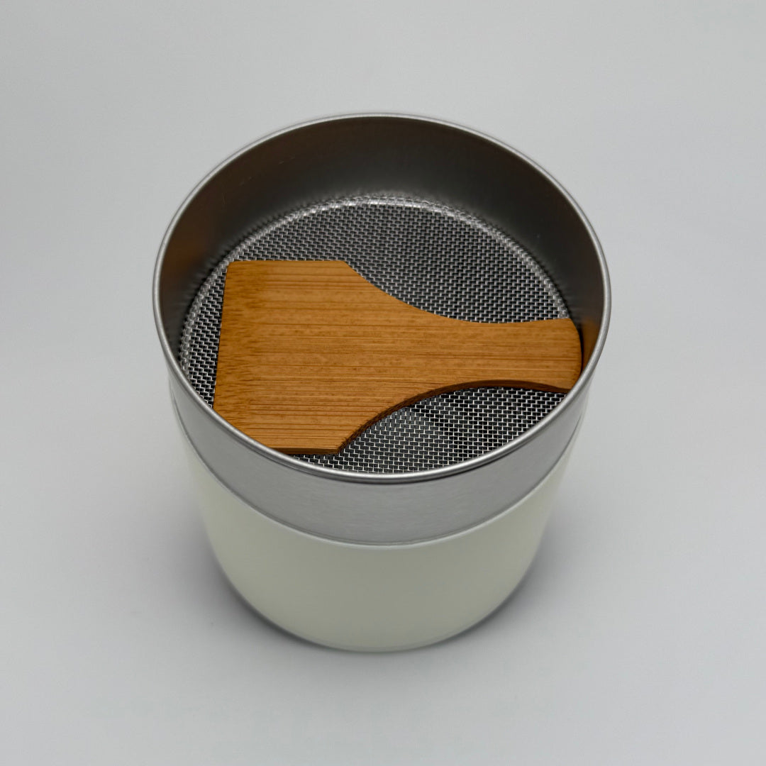 White Tea Canister - Kotodo - 100 Gram Capacity. Built in Sifter. Open