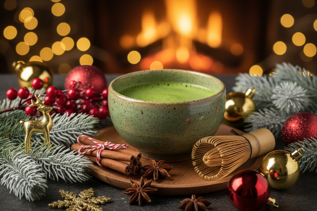 Fresh whisked matcha in christmas decor