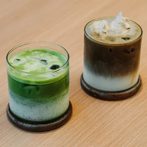 Rya Matcha and Hojicha Lattes on a table