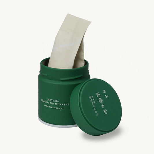 Asagiri no Mukashi Matcha - Nakamura Tokichi - 30 Gram Tin Can. The can is open showing a bag inside.