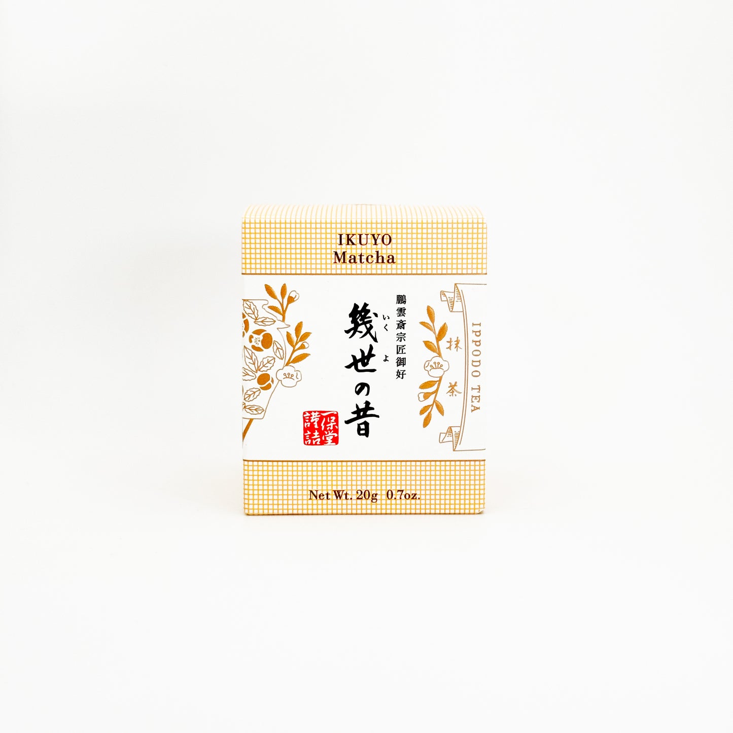 IKUYO Matcha tea package on a white background. 20 Gram Box of  Ikuyo Matcha.