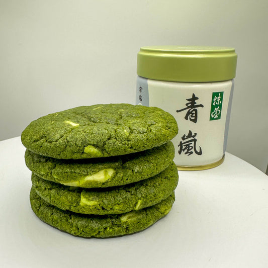 Mel's Cookie Craft. Stack, with matcha tin. Matcha cookies. Matcha cookies.