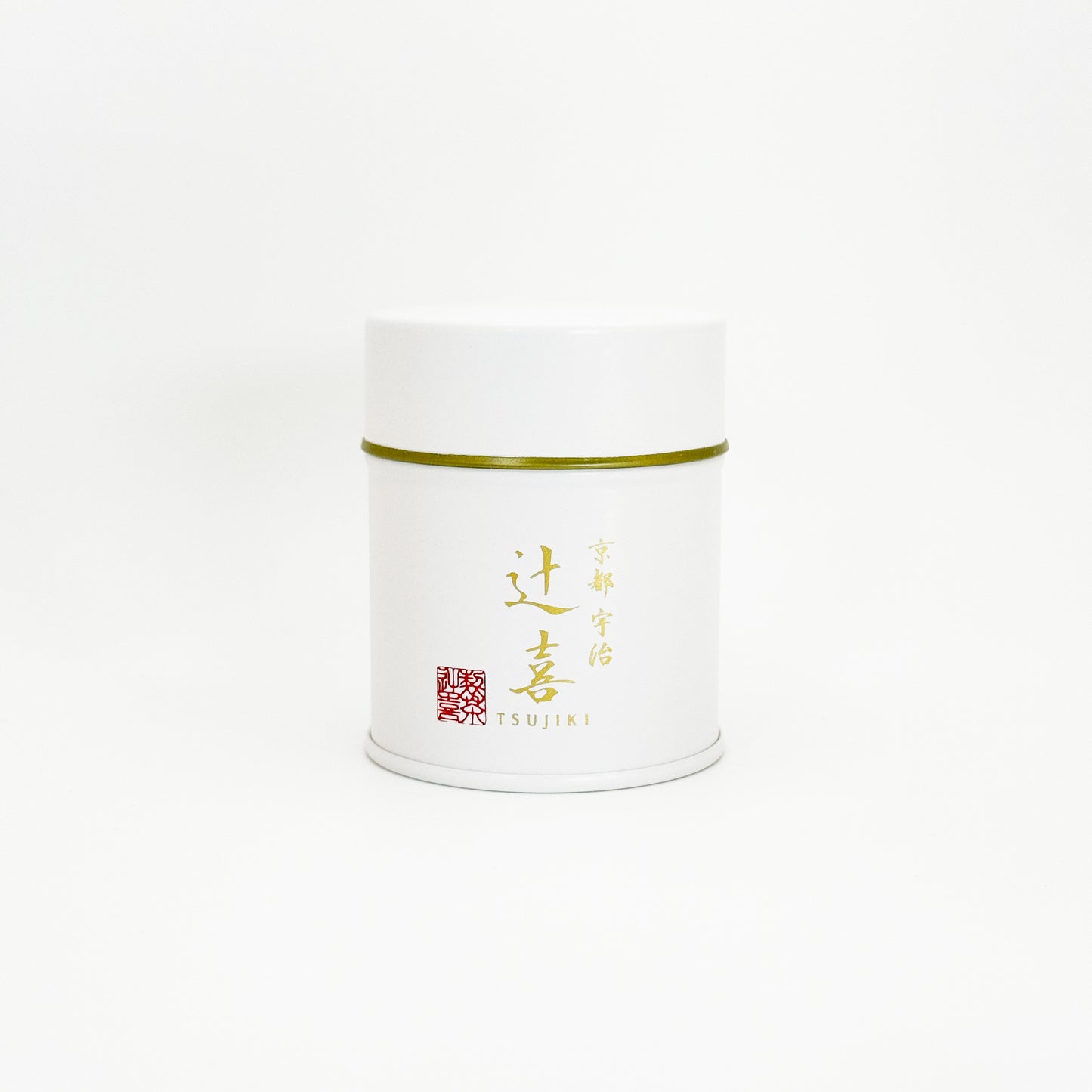 Tsujiki okegawa reserve blend, a white matcha tin, with 30 grams of matcha in it.