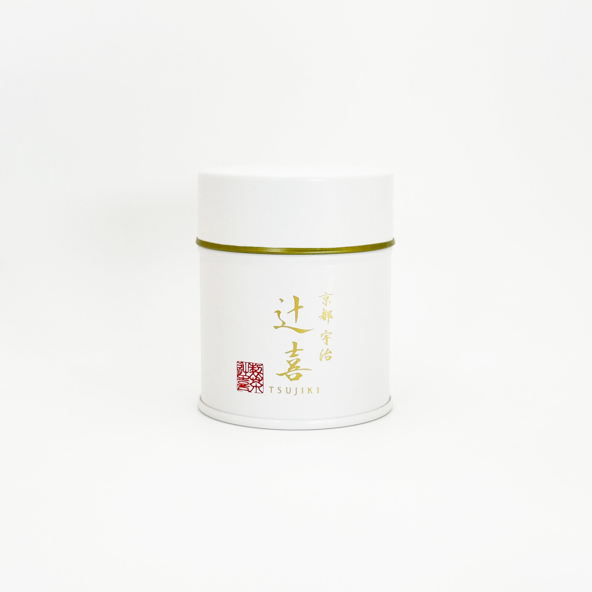 Tsujiki okegawa reserve blend, a white matcha tin, with 30 grams of matcha in it.