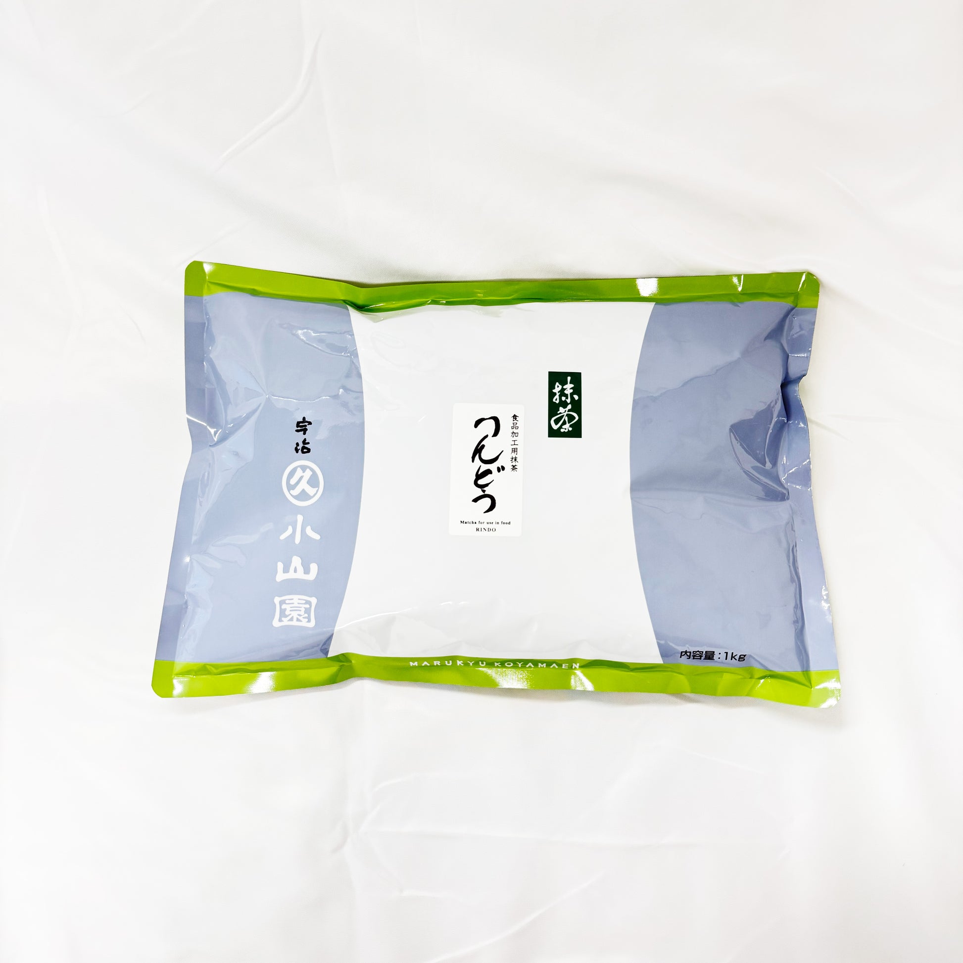 Rindo Matcha by Marukyu Koyamaen in a 1kg bag on a white background.
