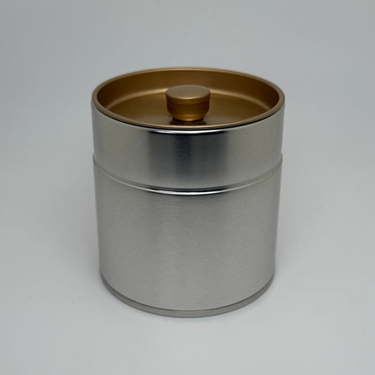 Silver Tea Canister - Kotodo - 100 Gram Capacity. Secondary lid exposed, also closed.